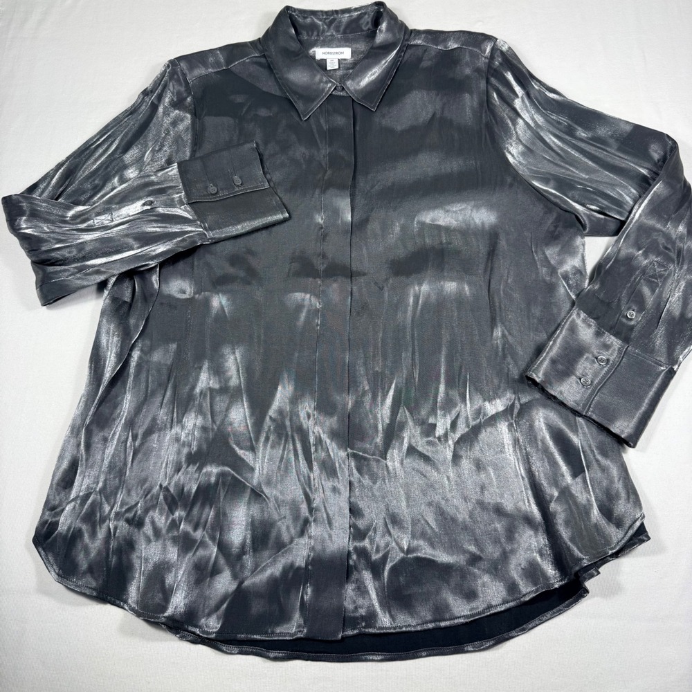 Nordstrom Metallic Silver Button Up Blouse XXL Silver Long Sleeve Hidden Placket